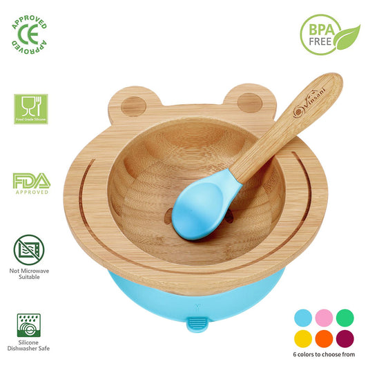 Kids All - Natural Bamboo Frog Bowl & Spoon Set with Suction Base - Bamboo Can Do