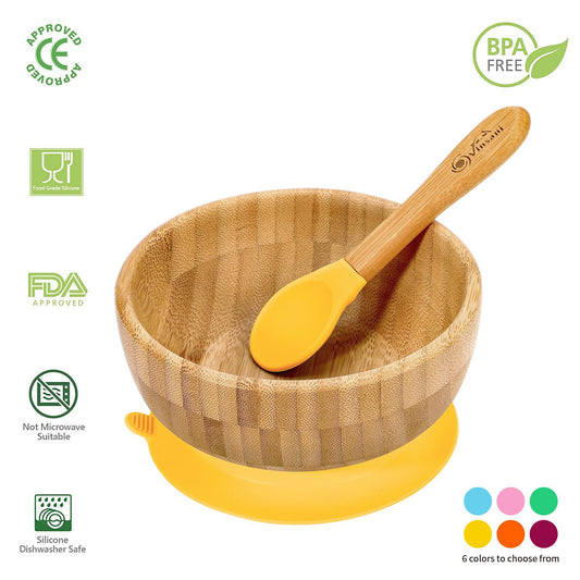 Bamboo Baby Bowl & Spoon Set - Suction Base, Easy Clean, Anti - Scalding Design - Bamboo Can Do