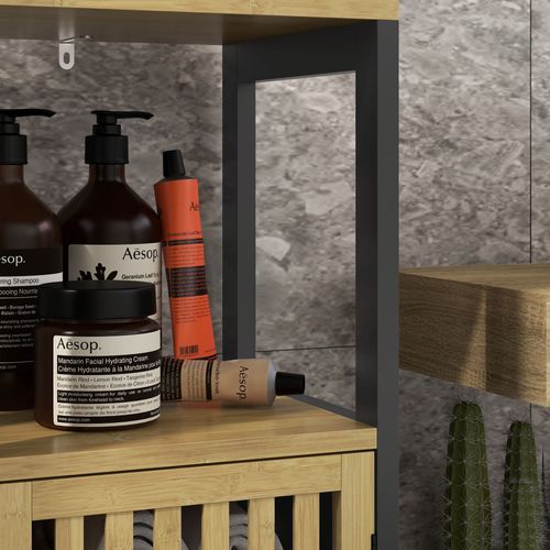HOMCOM Bathroom Floor Cabinet Bamboo Bathroom Cupboard with Adjustable Shelf
