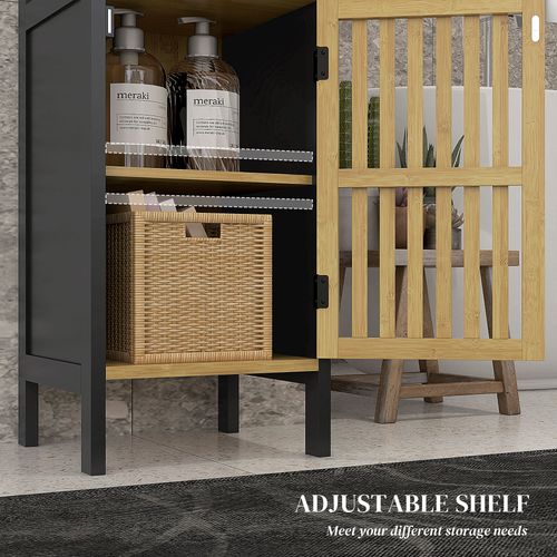 HOMCOM Bathroom Floor Cabinet Bamboo Bathroom Cupboard with Adjustable Shelf
